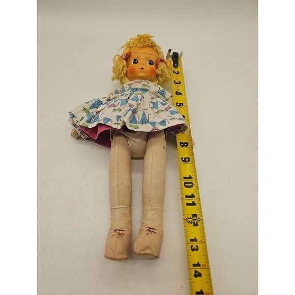 Vtg 1950s Cloth Sawdust Doll Celluloid Mask Hand Painted Face Jointed 13” Poland - Picture 2 of 9